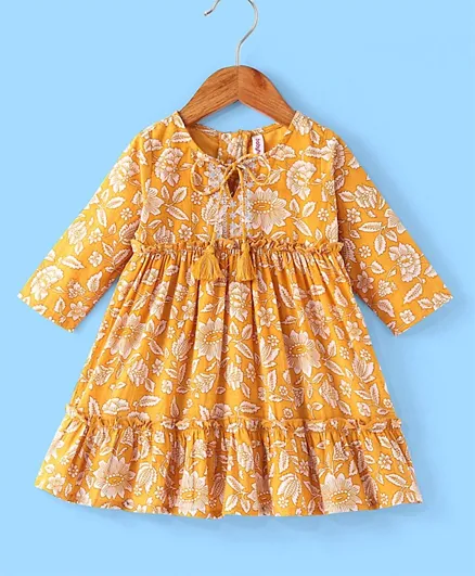 Babyhug 100% Cotton Woven Three Fourth Sleeves Floral Printed Ethnic Dress - Yellow