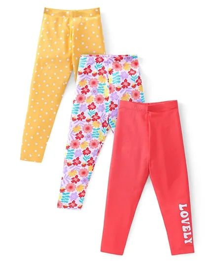 Babyhug Cotton Lycra Full Length Polka Dots & Floral Printed Leggings Pack of 3 - Multicolour