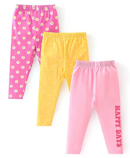 Babyhug Cotton Lycra Knit Full Length Leggings with Stretch & Floral Print Pack of 3 - Pink & Yellow