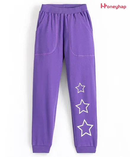 Honeyhap Premium Cotton Looper Ankle Length Lounge Pants with Bio Finish & Stars Printed - Prism Violet