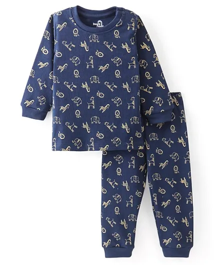 Doodle Poodle Knitted Full Sleeves Lion Printed Thermal Vest & Pajama Set - Navy Blue