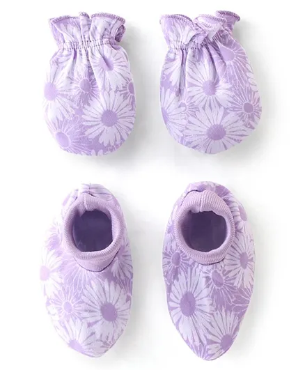 Babyhug 100% Cotton Knit Floral Print Mittens & Booties - Purple