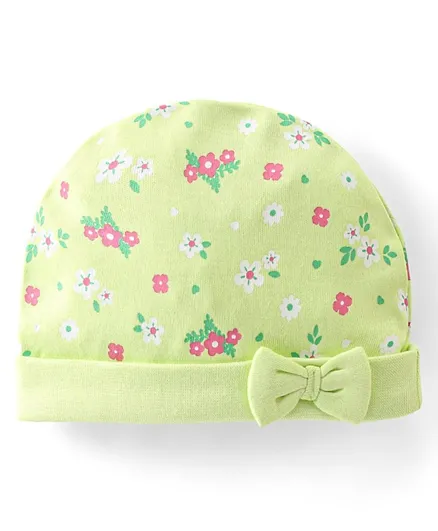 بيبي هاغ قبعة محبوكة من القطن الخالص 100% مع تطبيق عقدة وطباعة الأزهار - أخضر