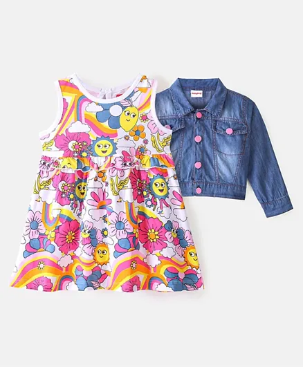 Babyhug Cotton Knit Sleeveless Floral Print Frock With Denim Jacket - Multi Color