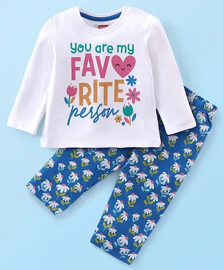 Babyhug Cotton Knit Full Sleeves Night Suit With Text & Floral Print - Multicolor