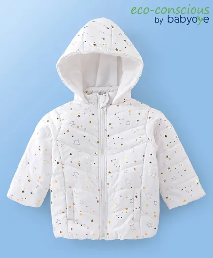 Babyoye Full Sleeves Hooded Jacket Star Foil Print - White