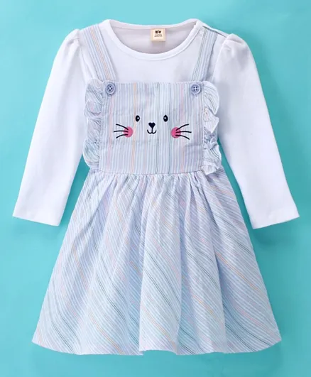 ToffyHouse Cotton Singlet Striped Frock with Full Sleeves Inner Tee - Blue & White