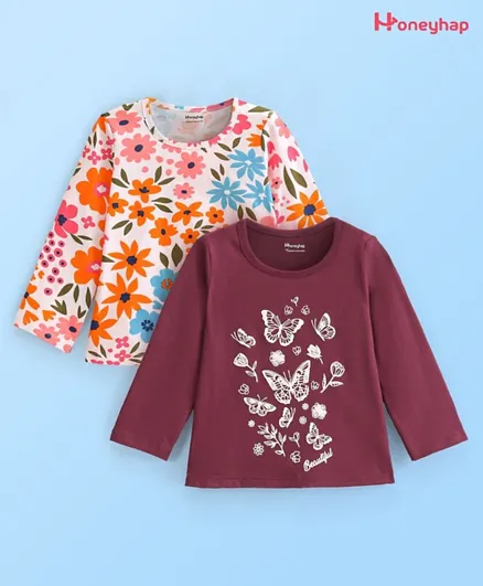 Honeyhap 2 Pack 100% Premium Cotton Knit Full Sleeves Floral & Butterfly Printed T-Shirts With Bio Wash - White & Red Plum