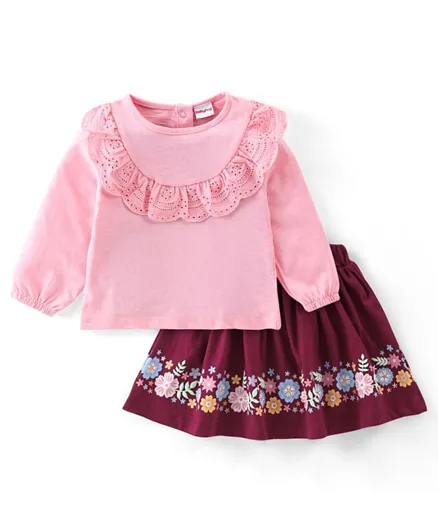 Babyhug 100% Cotton Knit Full Sleeves Top and Skirt Set with Lace Detailing Floral Print - Peach & Maroon