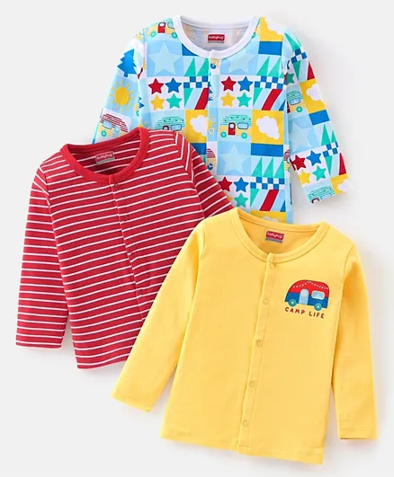Babyhug 3 Pack Vehicle Printed, Graphic & Striped Cotton Full Sleeves Vests - Multicolor