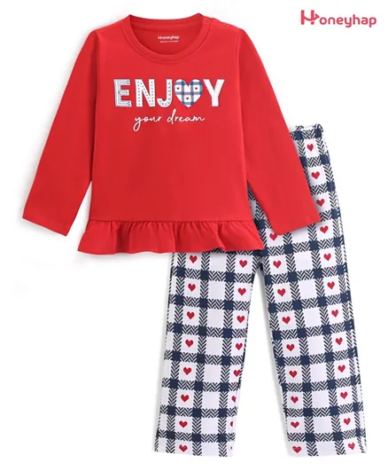 Honeyhap Premium 100% Cotton Knit Full Sleeves Night Suit with Bio Finish Heart Print - High Risk Red
