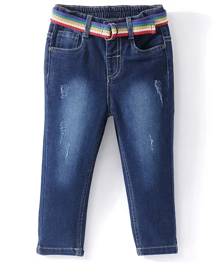 Babyhug Full Length  Jeans With Stretch Solid Color - Blue
