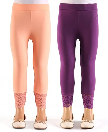 Honeyhap Premium Cotton Super Soft Stretchable Solid Ankle Length Leggings with Bio Finsh Pack of 2 - Dark Purple & Tropical Peach