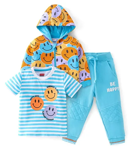 Babyhug Cotton Knit to Knit Full Sleeves Jacket with T-Shirt & Lounge Pant Smiley Printed - Blue