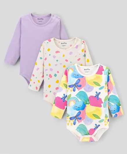 Bonfino 100% Cotton Knit Full Sleeves Solid Colour & Butterfly Printed Onesies Pack of 3 - Ivory & Lilac