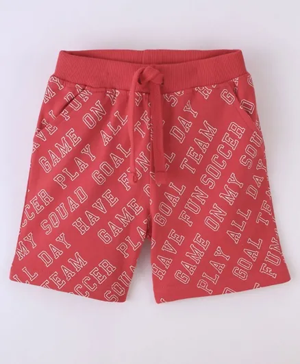 Babyhug Cotton Looper Knit Text Print Shorts - Red