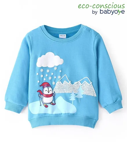 Babyoye Brushed Fleece 100% Cotton Full Sleeves Sweatshirt With Penguin Print & Embroidery - Blue