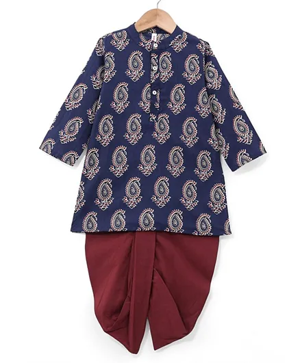Babyhug 100% Cotton Knit Full Sleeves Ethnic Koyi Printed Kurta & Dhoti Set - Blue & Maroon