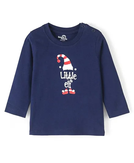 Doodle Poodle 100% Cotton Knit Full Sleeves  Little Elf Printed  T-Shirt - Navy