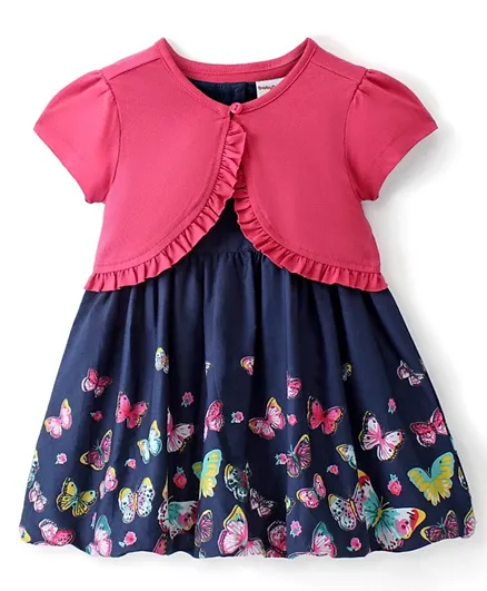 Babyhug Cotton Knit Frock Butterfly Printed With Half Sleeves Shrug - Blue & Pink