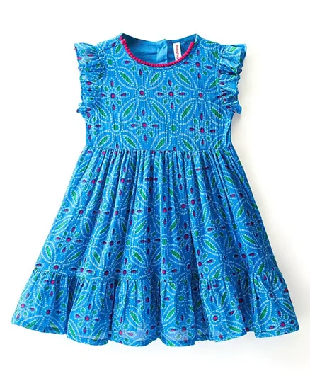 Babyhug 100% Cambric Short Sleeve Printed Ethnic Dress-Blue