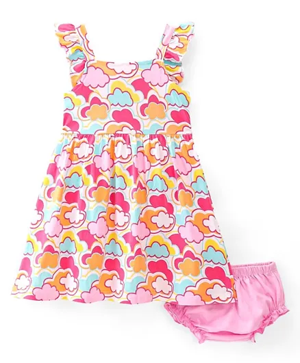 Babyhug Cotton  Knit Sleeveless Frock with Bloomer Cloud Printed - Pink