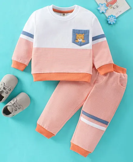 ToffyHouse Full Sleeves T-Shirt & Lounge Pants Co-rd Set With Kitty Embroidery & Striped - Orange