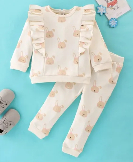 ToffyHouse 100% Cotton Full Sleeves Bunny Printed Top & Lounge Pants/Co-ord Set - White