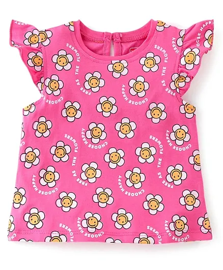 Babyhug Cotton Knit Sleeveless Top Floral Print & Frill Detailing - Pink