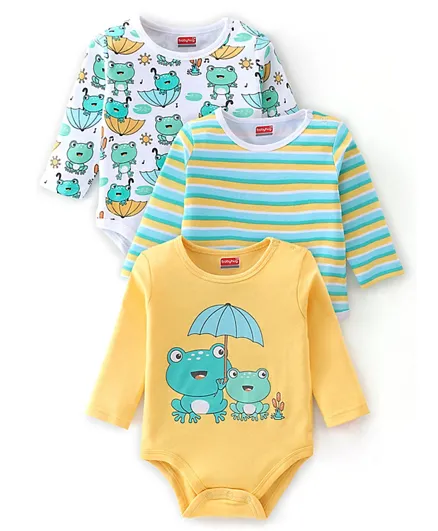 Babyhug 3 Pack 100% Cotton Full Sleeves Onesies With Frog Print -White Yellow & Green