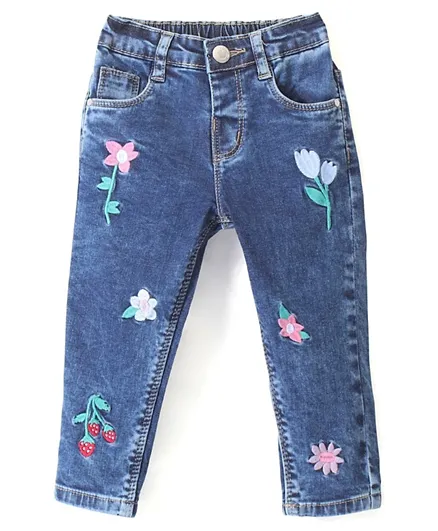 Babyhug Denim Washed Full Length Stretchable Jeans With Floral Embroidery - Blue