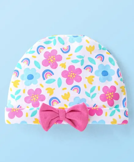 قبعة صوف من بيبي هاغ بتصميم زهور وربطة - متعدد الألوان
