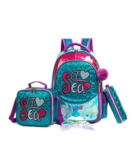 إيزي كيدز - مجموعة مكونة من حقيبة مدرسية وحقيبة غداء ومقلمة بتصميم السمكة الساحرة البحرية - اللون الأخضر - 16 بوصة