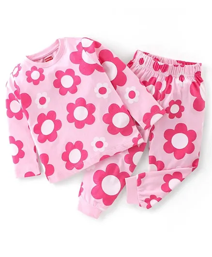 Babyhug Cotton Knit Full Sleeves Night Suit with Floral Printed - Pink