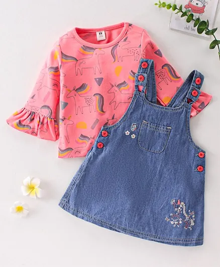 ToffyHouse Cotton Dungaree with Bell Sleeves Top Unicorn Print - Blue & Pink
