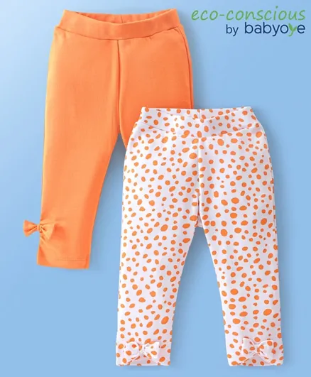 Babyoye 2 Pack Eco Conscious 100% Cotton Knit Leggings Solid & Leopard Print - Orange & White