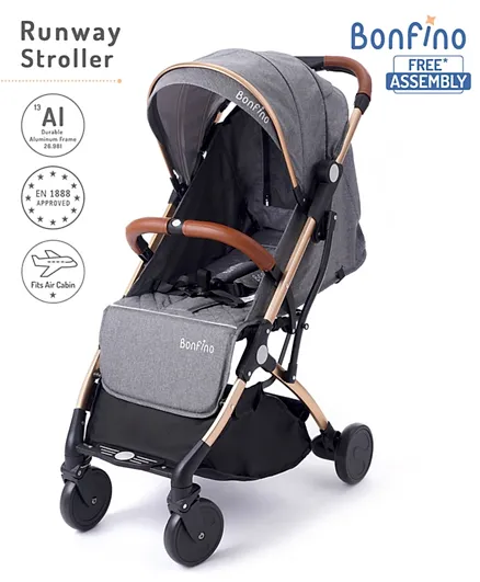 Bonfino Runway Cabin Stroller for Ages 0-3, Safety Harness, Adjustable Canopy, Mosquito Net, Carry Bag, Easy Fold, Copper & Grey