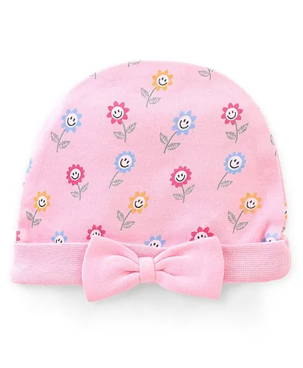 بيبي هاغ قبعة قطنية محبوكة 100% بطبعة زهور وربطة - وردي