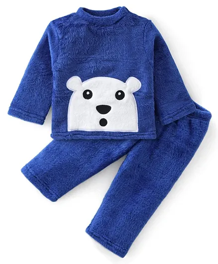 Babyhug Full Sleeves Velour Night Suit  Bear Patch - Navy Blue