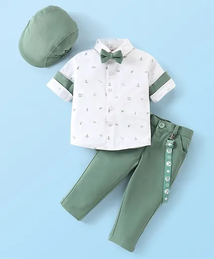 Babyhug Woven Full Sleeves Party Wear Shirt & Pant With Bow & Suspender Light House Print - Green & White