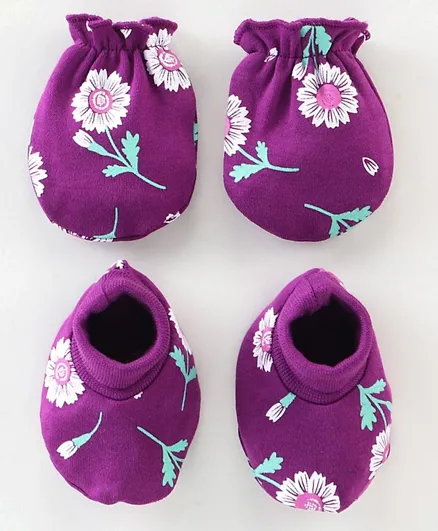 Babyhug 100% Cotton Knit Mittens & Booties Floral Print - Purple