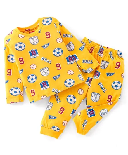 Babyhug Cotton Knit Full Sleeves Night Suit With Football Print - Yellow