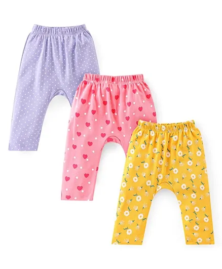 Babyhug Cotton Full Length Diaper Pants Dotted & Floral Print Pack Of 3 - Pink Purple & Yellow