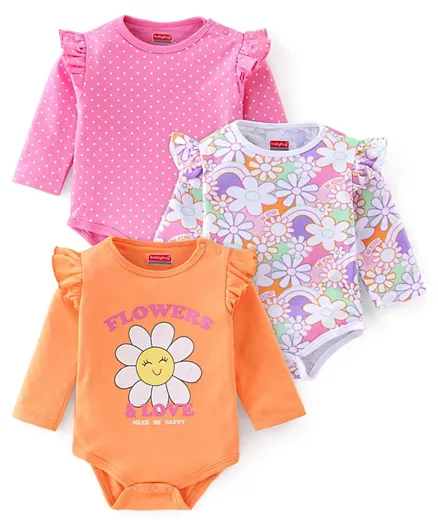 Babyhug 3 Pack 100% Cotton Full Sleeves Onesies With Floral Print - Pink White & Orange