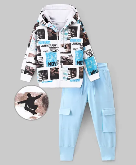 Ollington St. 100% Cotton Full Sleeves Front Zipper Hoodie & Joggers Set with Graphics Print - White & Light Blue
