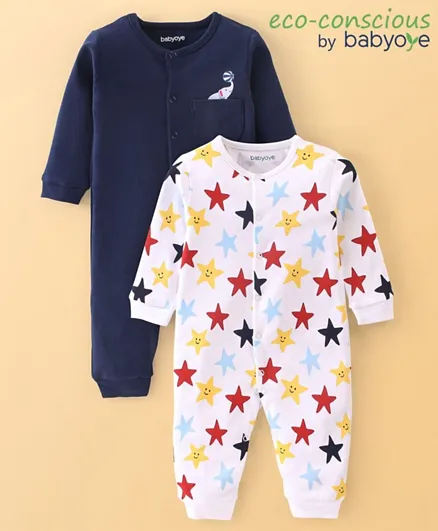 Babyoye 100% Cotton Full Sleeves Sleep Suit With Star Print Pack Of 2 - White & Navy Blue