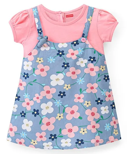 Babyhug Cotton Knit Short Sleeves Inner Tee & Frock With Floral Print - Pink & Blue