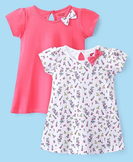 Babyhug 100% Cotton Knit Half Sleeves Frock With Floral Print Pack Of 2 - Pink & White
