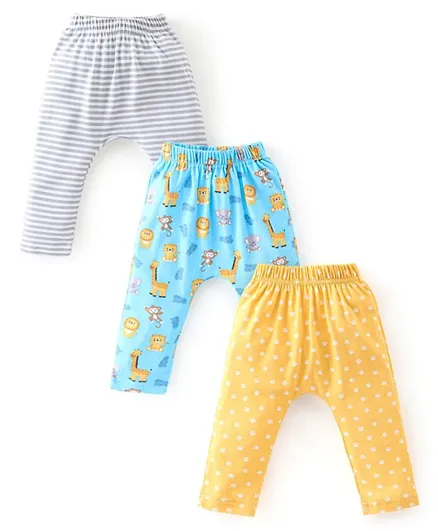 Babyhug 3 Pack Cotton Knit Full Length Striped & Jungle Printed Diaper Pants - Multicolour