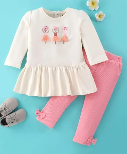 ToffyHouse Full Sleeves Top & Leggings With Ballet Dancer Applique - White & Pink